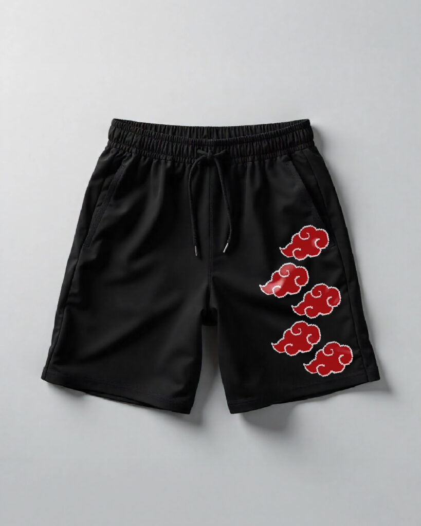 Bermuda oversize Akatsuki Naruto nube roja con estampado DTF diseño original, cintura elastizada corte unisex - PIXEL FOX