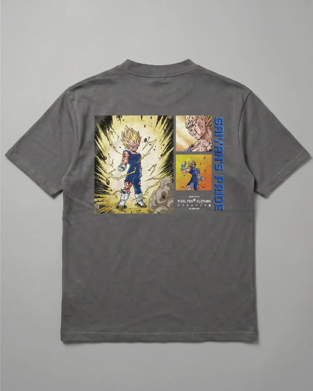 Remera oversize Vegeta Saiyan's Pride Dragon Ball Z espalda collage sacrificio contra Majin Buu estampado DTF gris, corte unisex - PIXEL FOX